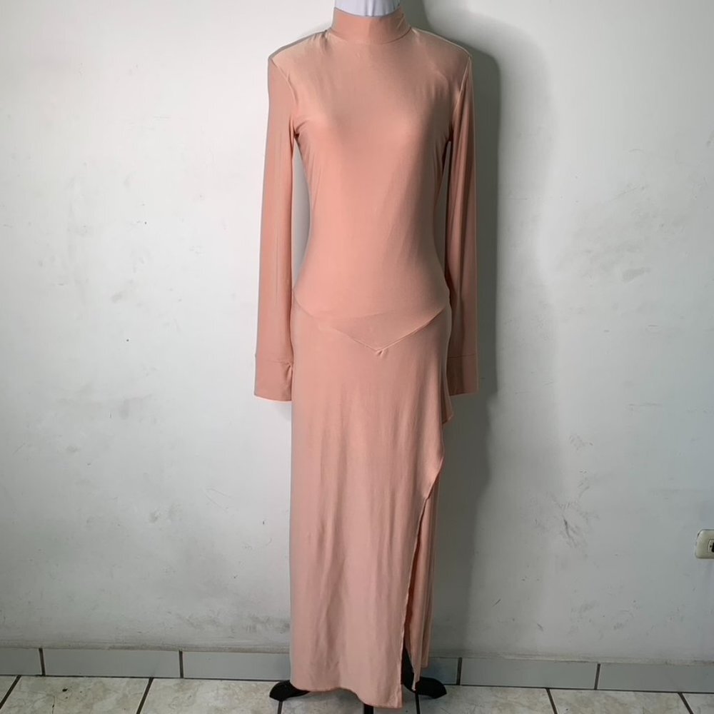 New We Are Women's Nude Long Sleeve Maxi Open Bag Front Slit Dress Size Small